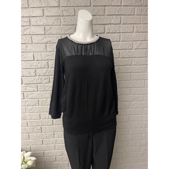 Cable & Gauge Black Faux Pearl Neckline Sweater / Top Size M - Picture 1 of 6